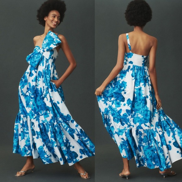 Anthropologie Dresses & Skirts - NWT Anthropologie Atsu Bow Maxi Dress Blue Floral One Shoulder XS‎ Petite XSP